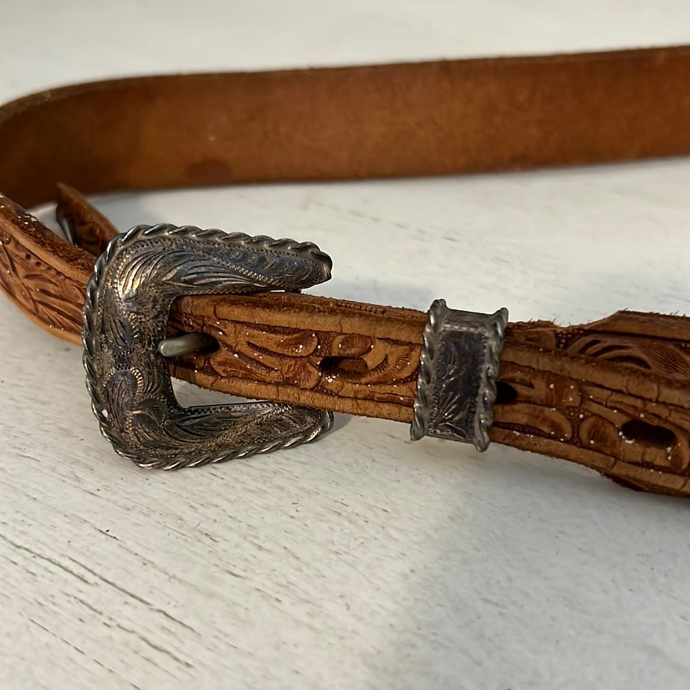 Vintage sterling silver fritch brothers belt buckle & tooled leather belt